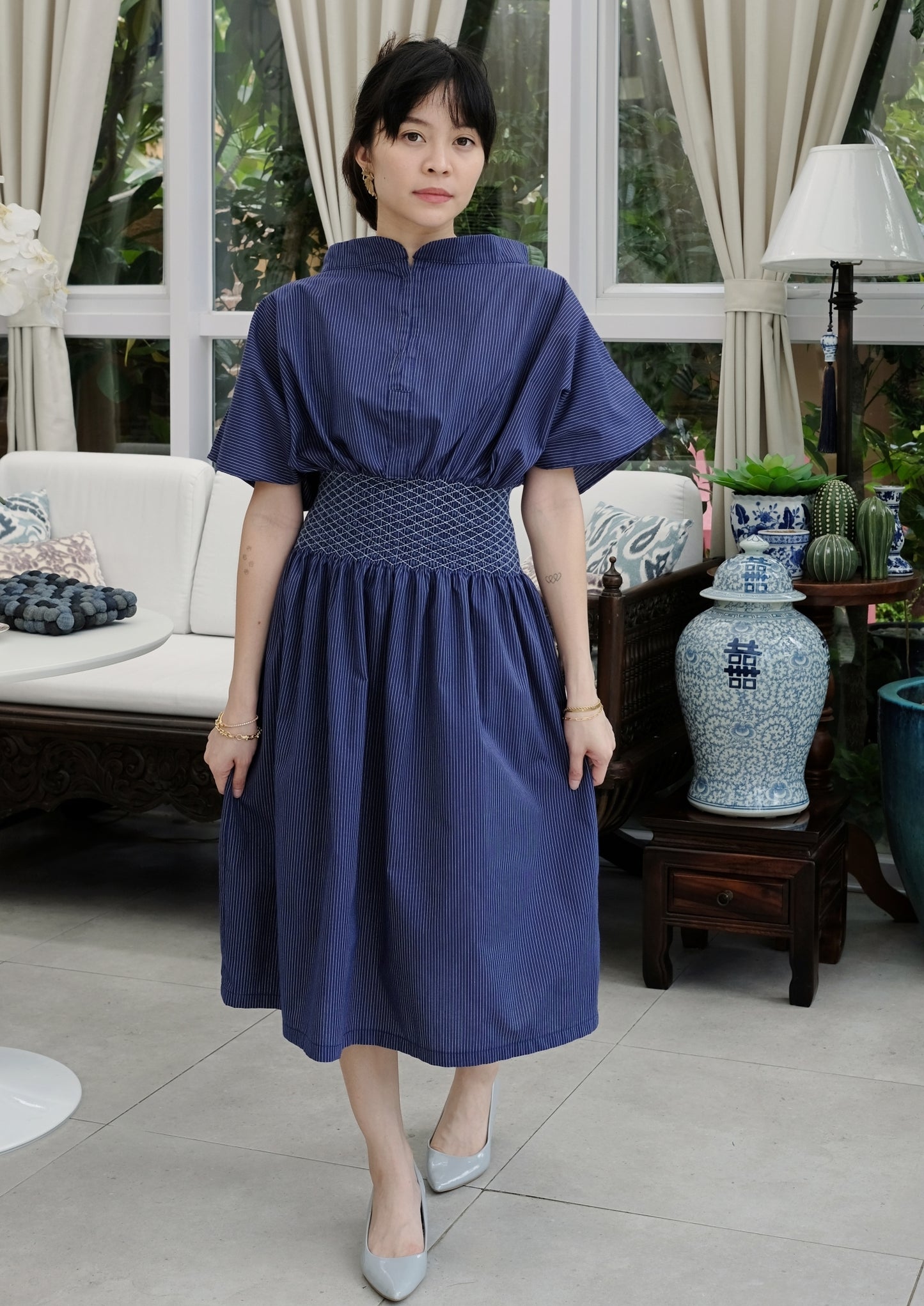 mira dress - navy blue stripes