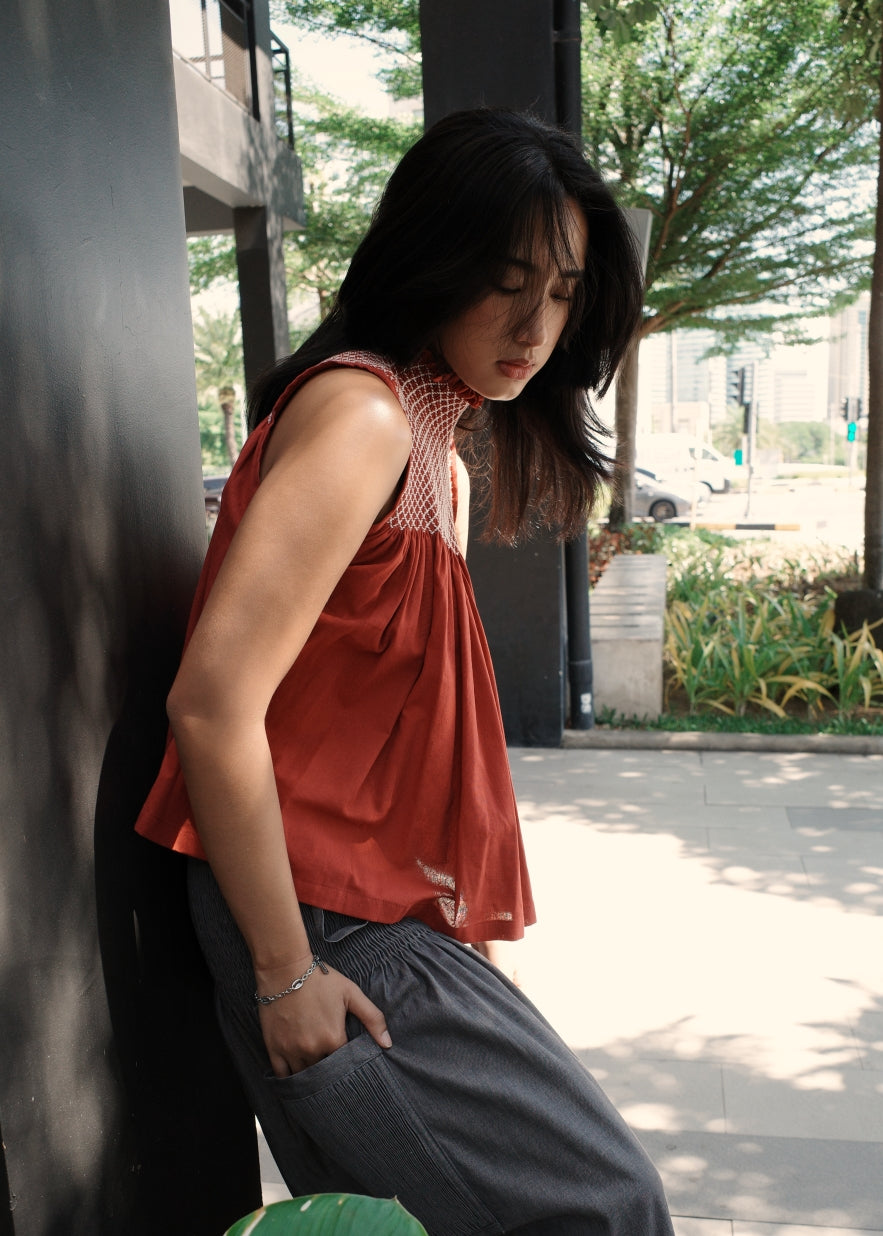 blaire longer top - stonewashed linen, maroon