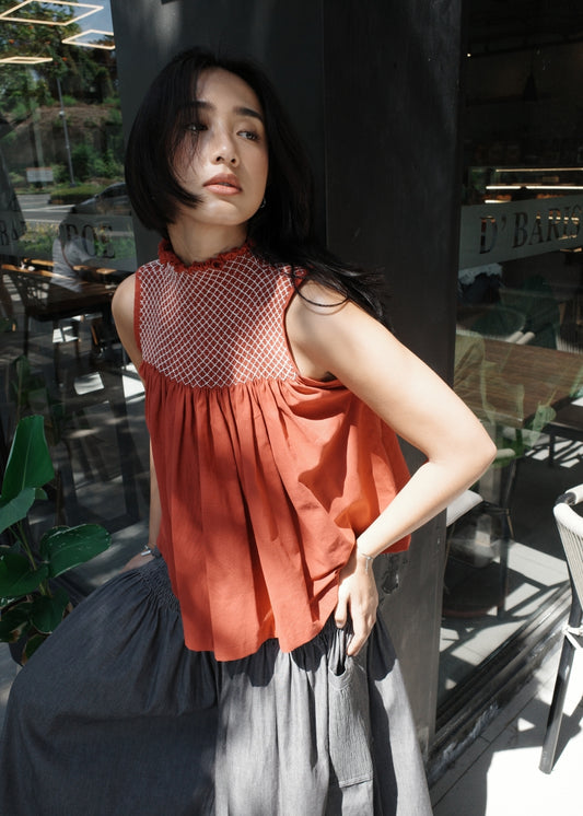 blaire longer top - stonewashed linen, maroon