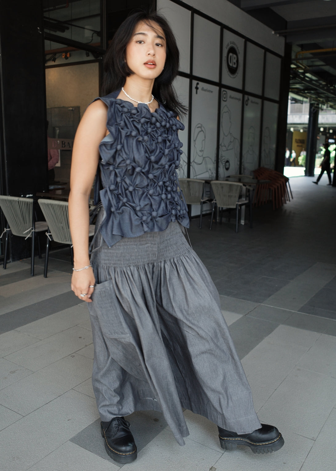 bubble bib top - navy blue chambray