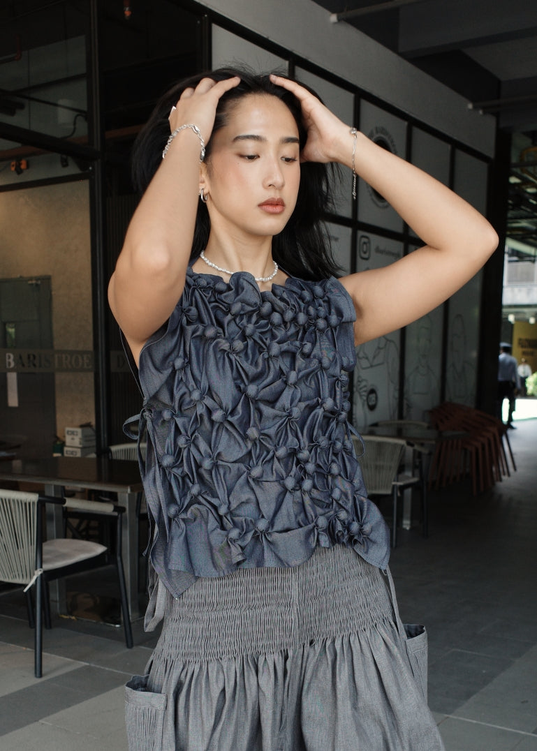 bubble bib top - navy blue chambray