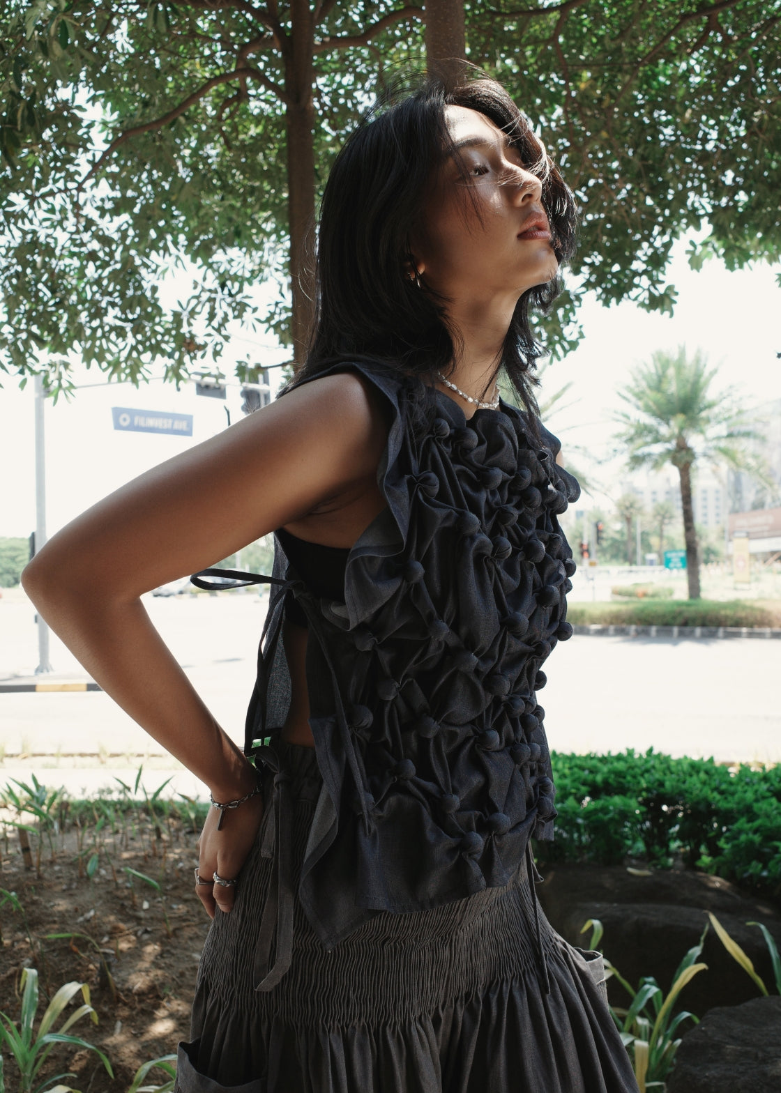bubble bib top - black denim