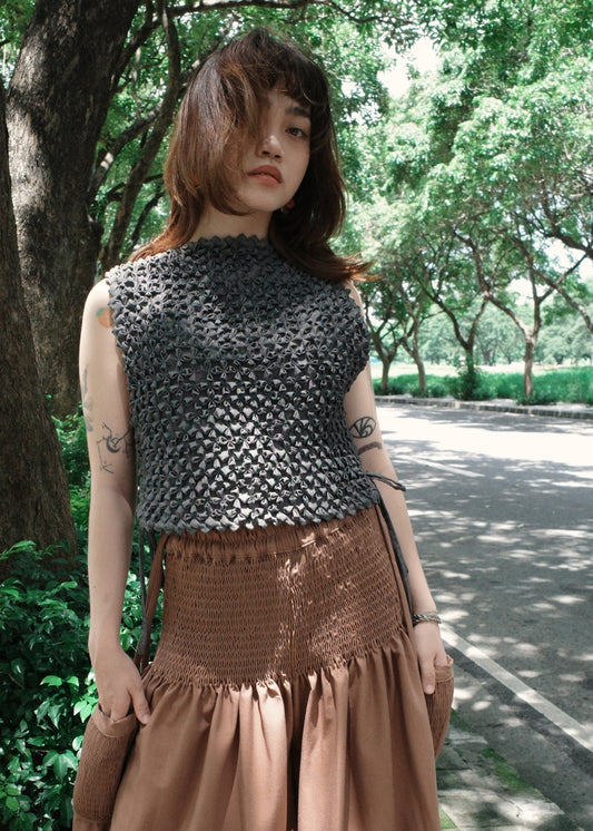 bloom shell top - black chambray with lace up sides