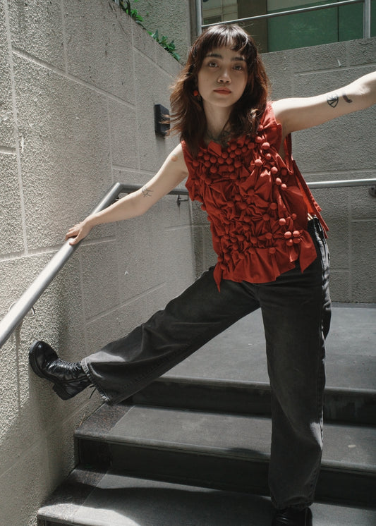 bubble bib top - stonewashed linen, maroon