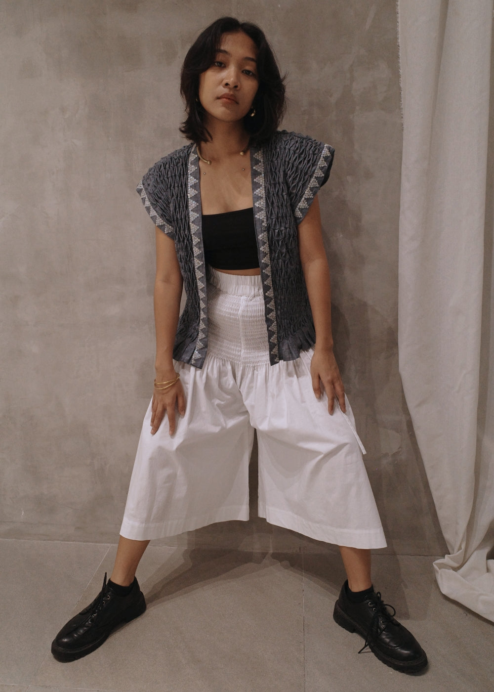 karine vest, beaded - blue chambray