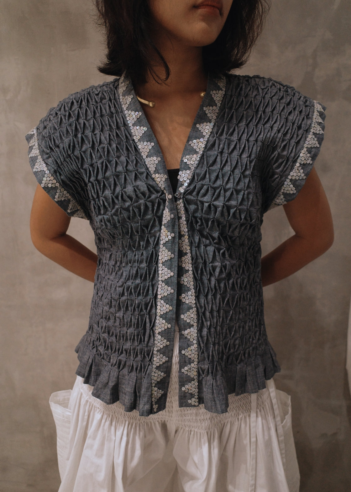 karine vest, beaded - blue chambray
