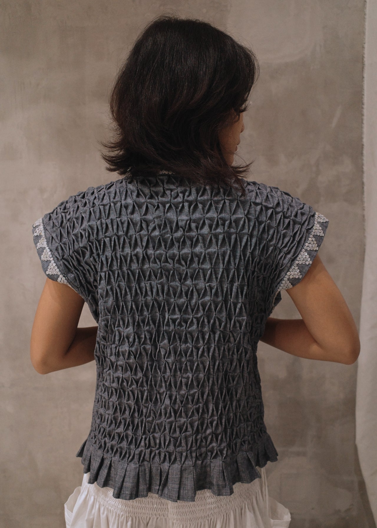karine vest, beaded - blue chambray