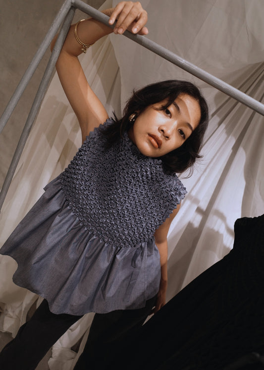 bloom bib top - light blue chambray