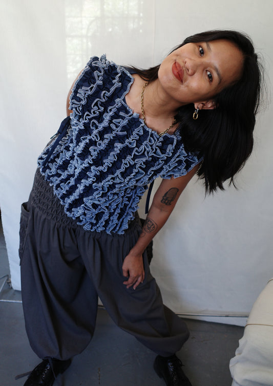 ruffle bib - soft maong navy + white