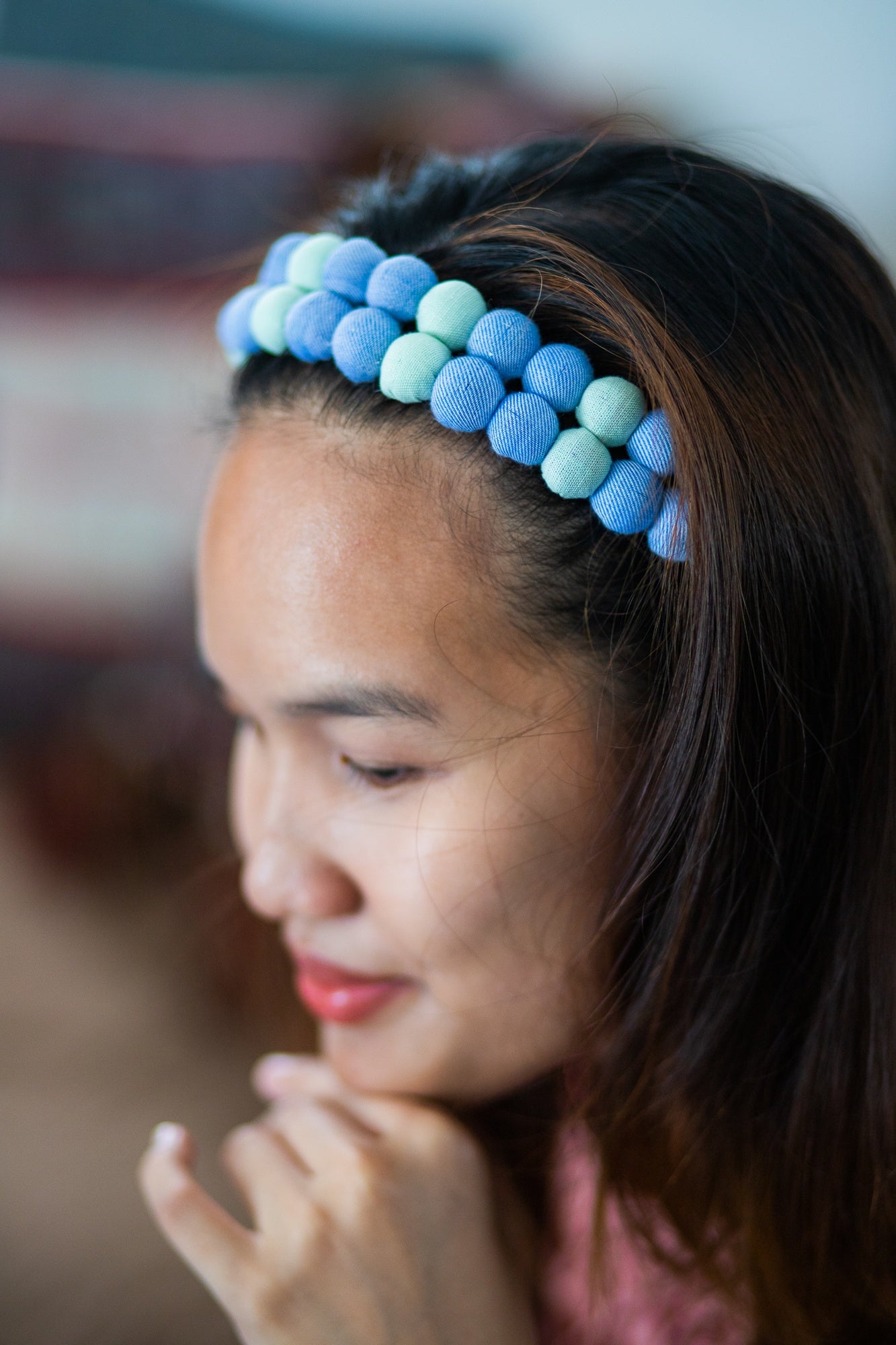 lucky buttons headband, slim - blue