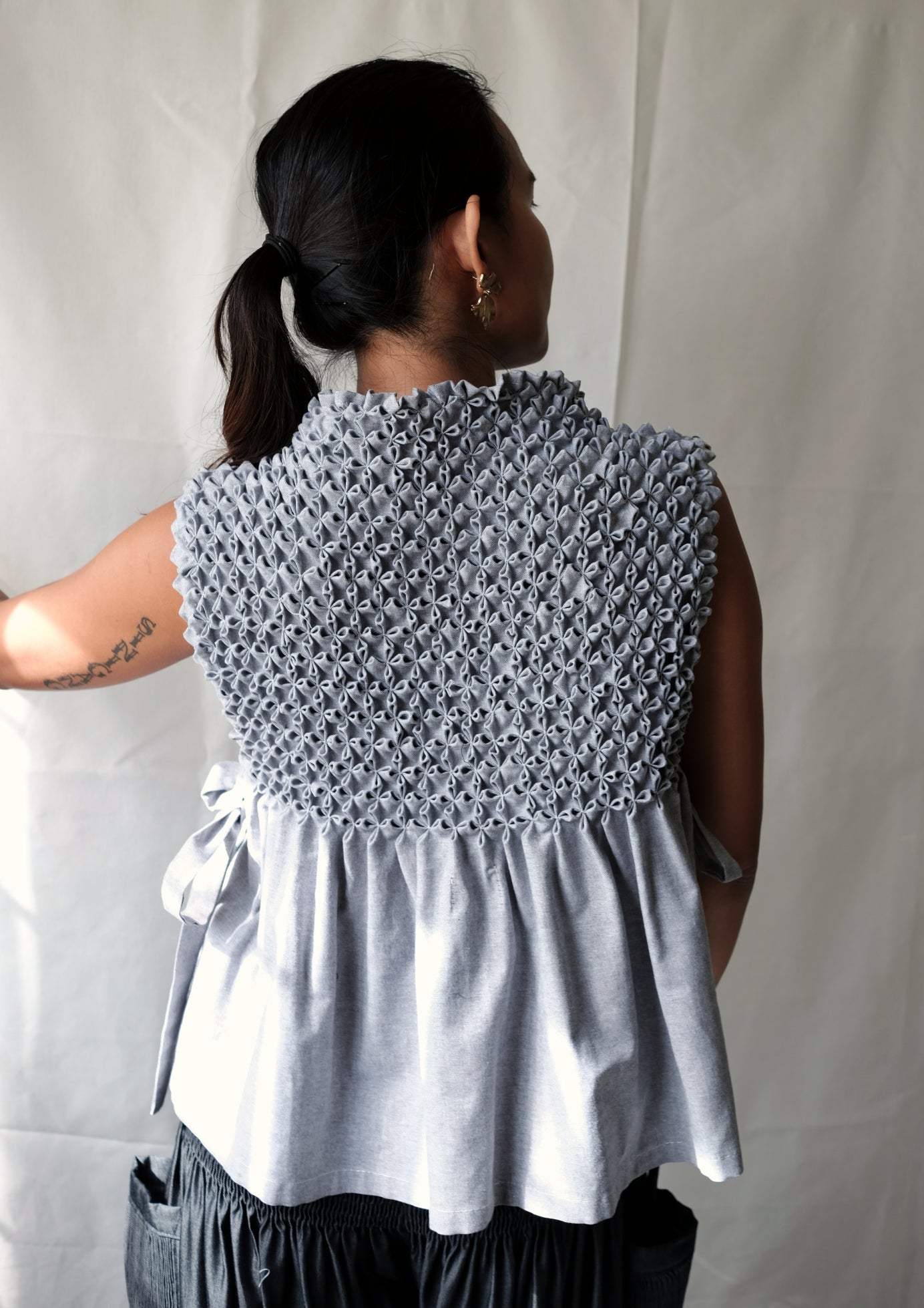 bloom bib top - light gray chambray