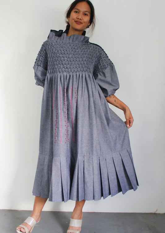 leila dress with pleats - denim chambray