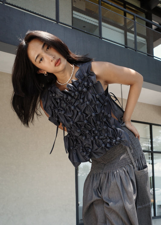 bubble bib top - black denim