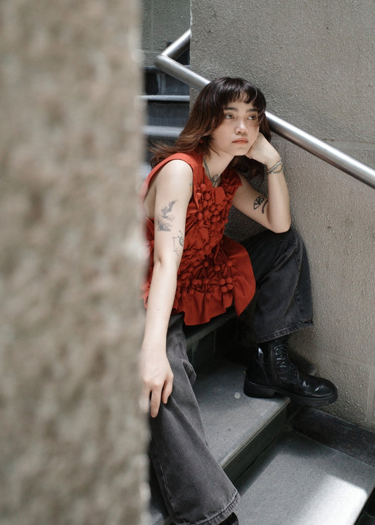 bubble bib top - stonewashed linen, maroon