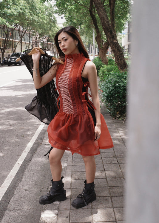 bighani bib dress - matte organdy, maroon