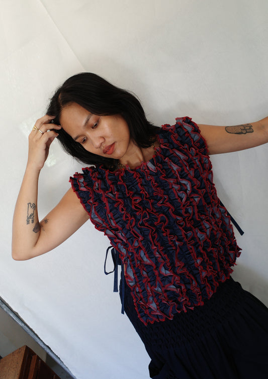 ruffle bib - soft maong navy + red