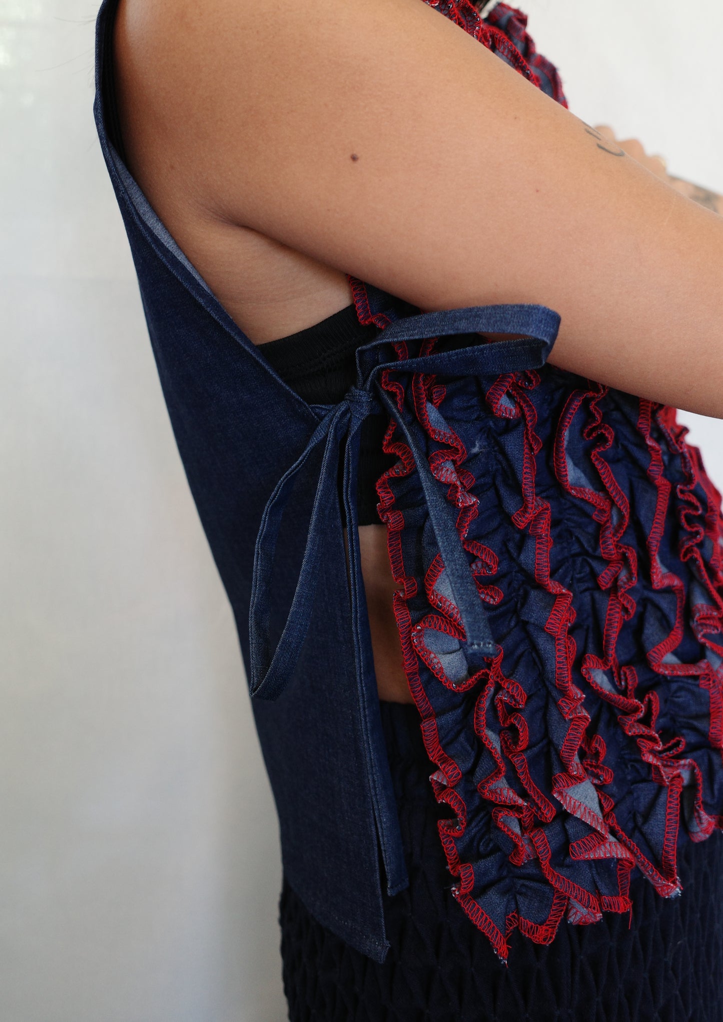 ruffle bib - soft maong navy + red