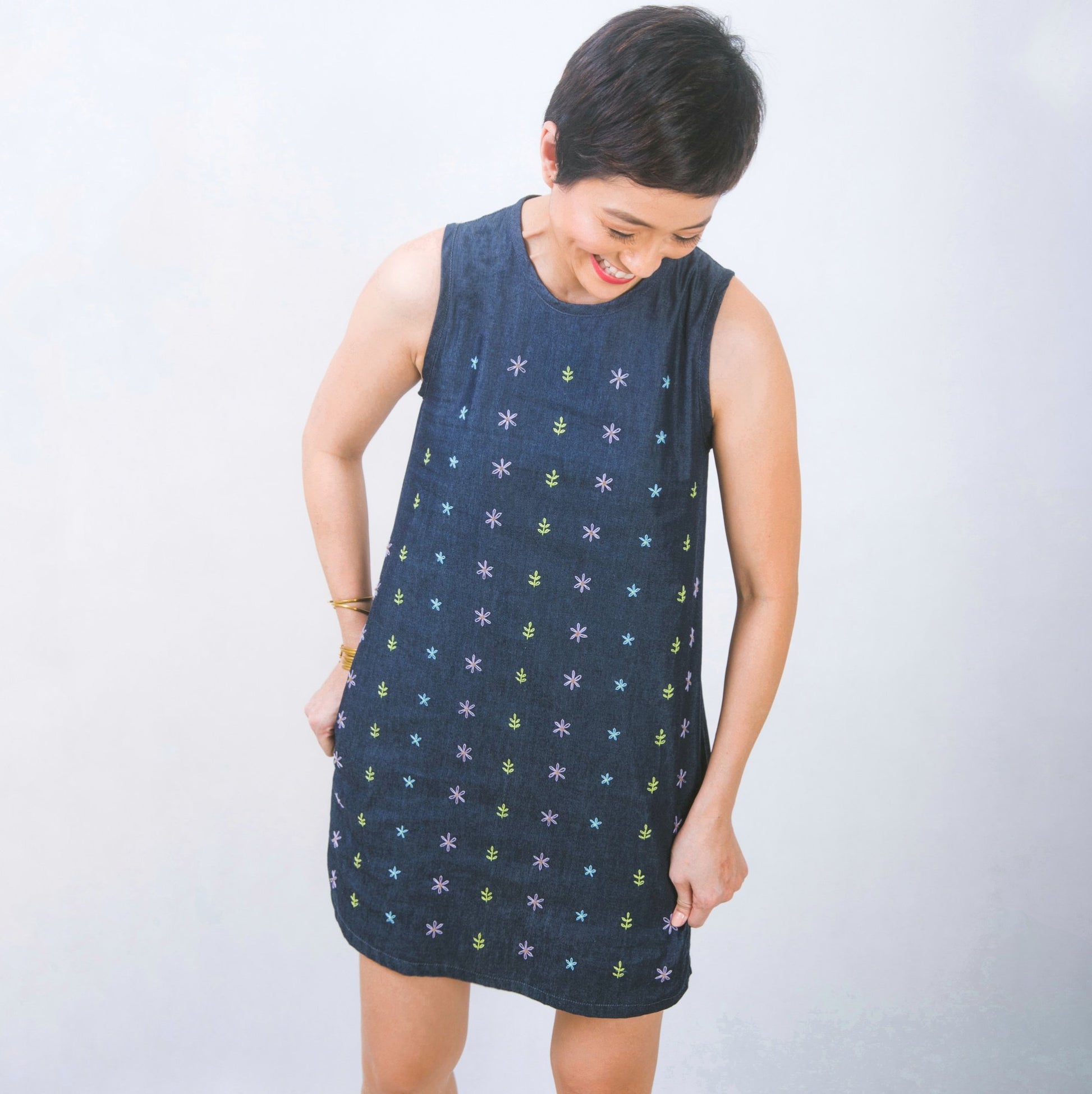 Hand-embroidered shift dress in denim