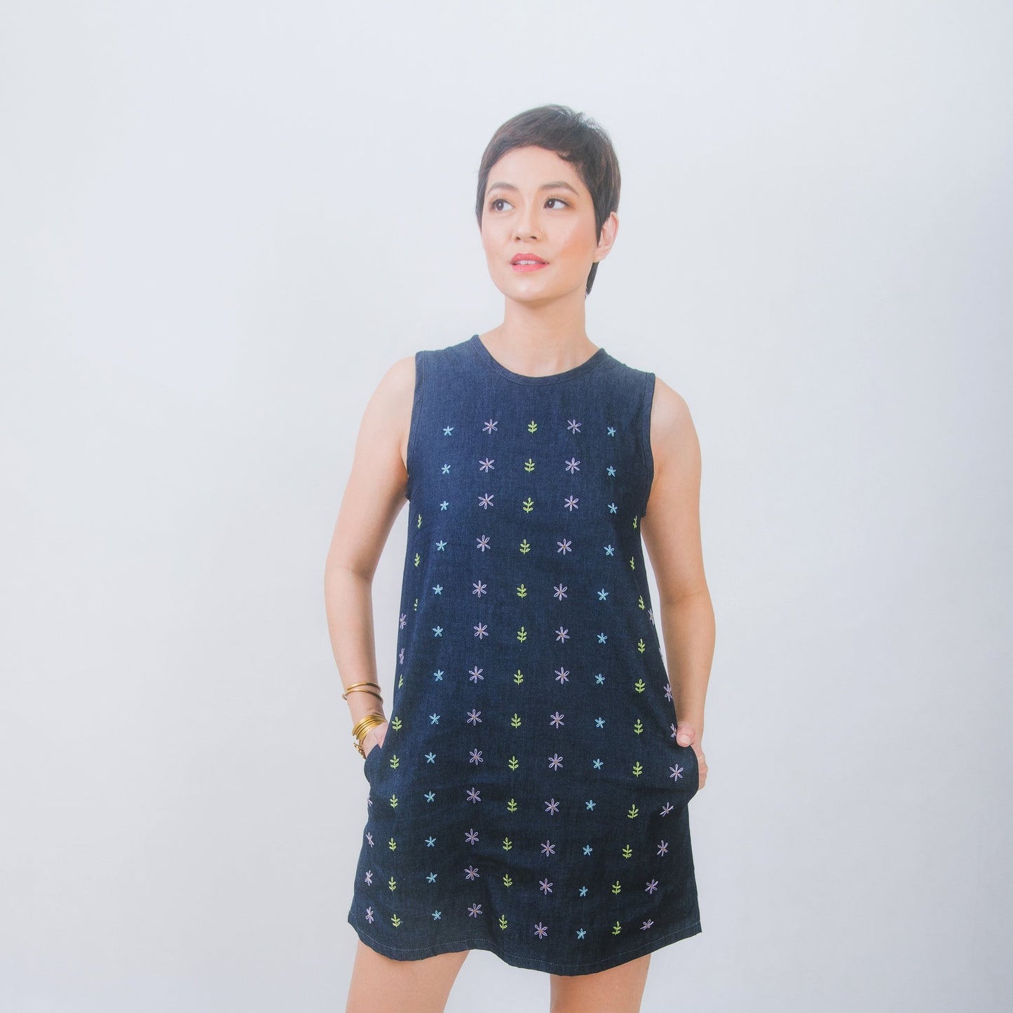 Hand-embroidered shift dress in denim