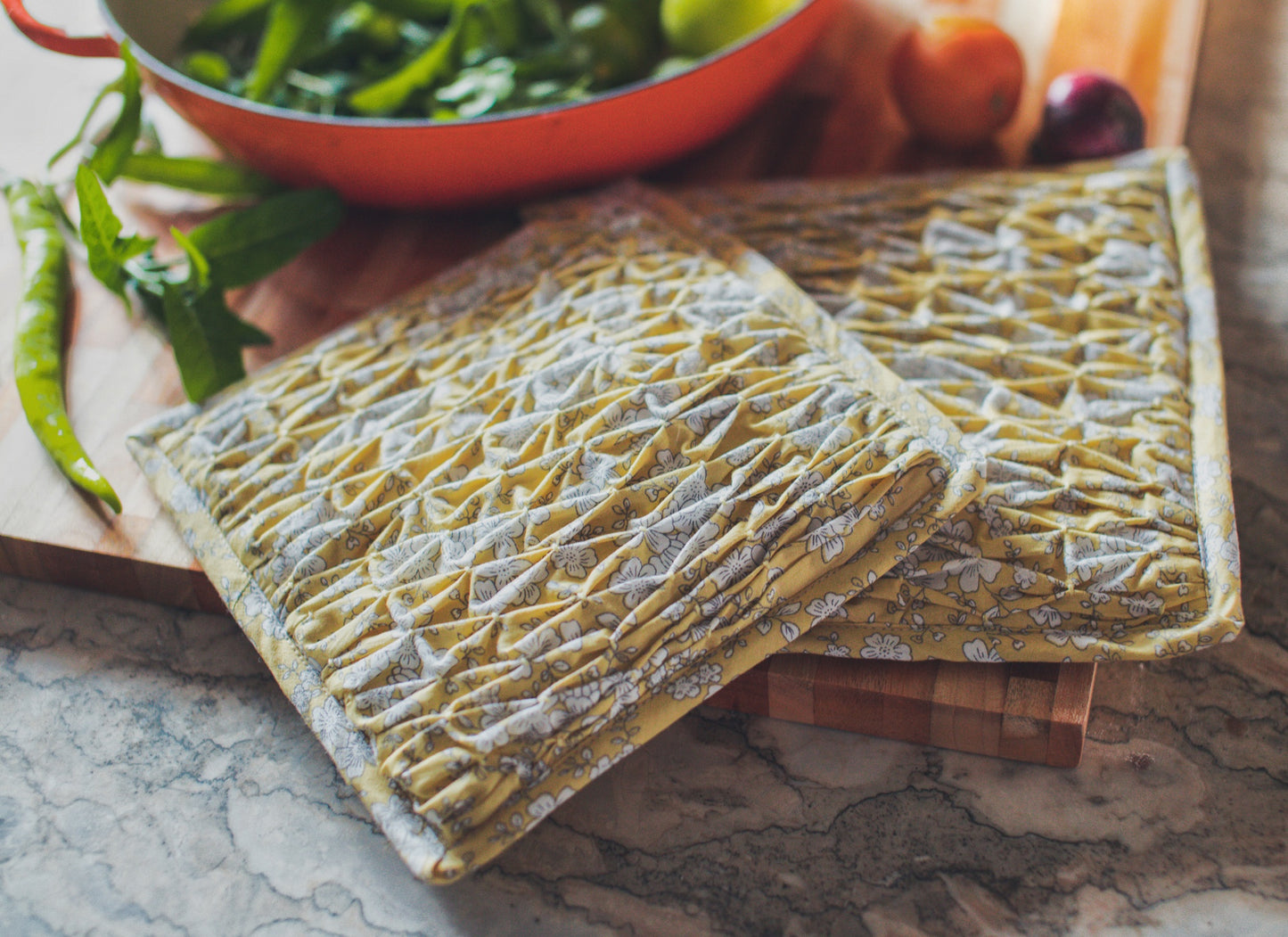 Lina - Pair of Smocked Yellow Floral Potholders